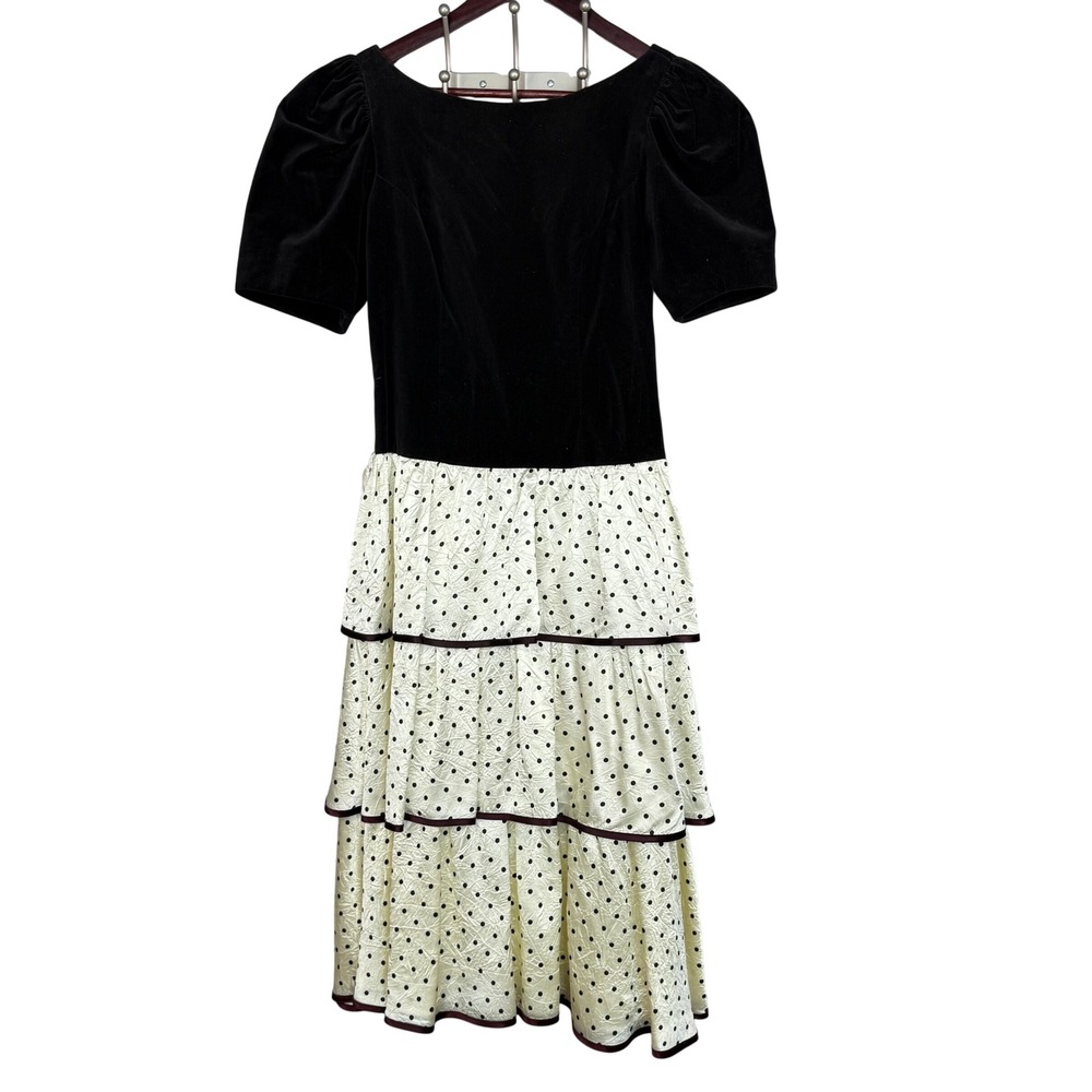 Vintage Lanz Originals Black Velvet Crinkle Cotton Polka Dot Tiered Dress Size 6